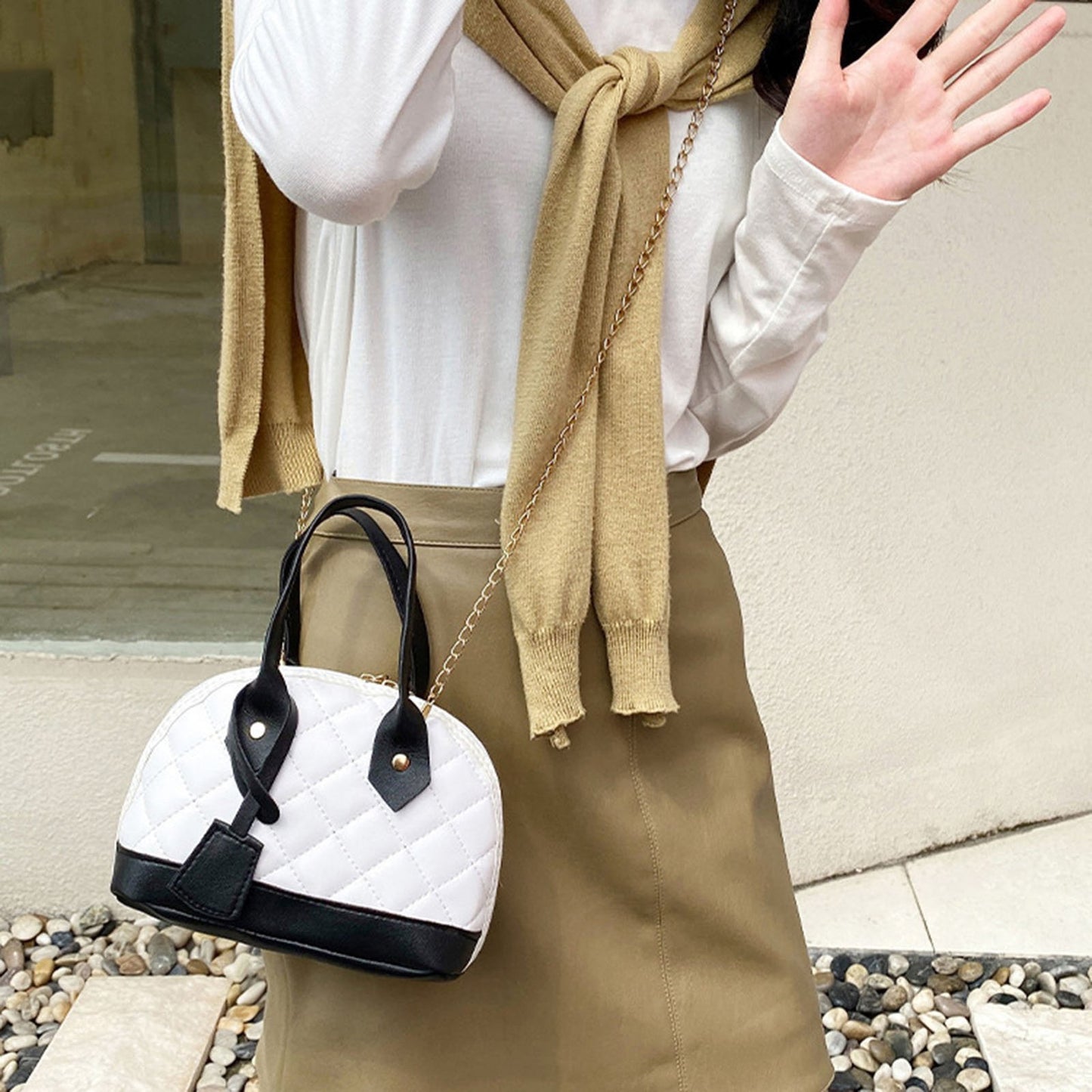 Women Handbag Quilted Golden Link Chain Top Handle Faux Leather Contrast Color Single Shoulder Bag Purse Shopping Use