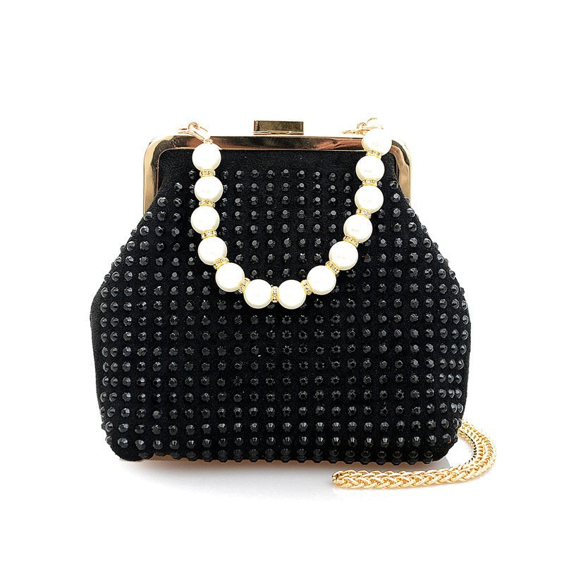 New European and American Retro Pu Rhinestone Temperament Dinner Bag Clipped Button Pearl Tote Shoulder Bag Fashion Women's Bag