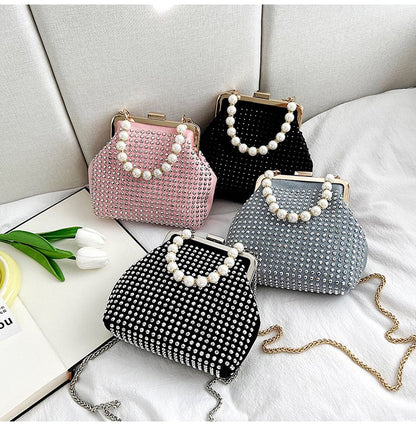 New European and American Retro Pu Rhinestone Temperament Dinner Bag Clipped Button Pearl Tote Shoulder Bag Fashion Women's Bag