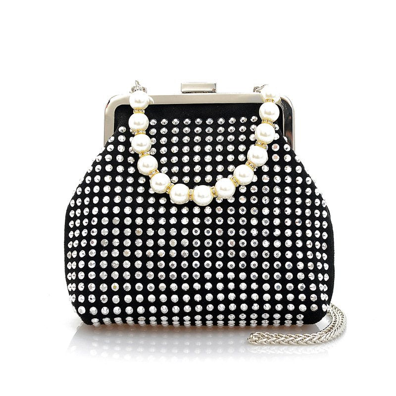 New European and American Retro Pu Rhinestone Temperament Dinner Bag Clipped Button Pearl Tote Shoulder Bag Fashion Women's Bag