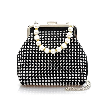 New European and American Retro Pu Rhinestone Temperament Dinner Bag Clipped Button Pearl Tote Shoulder Bag Fashion Women's Bag