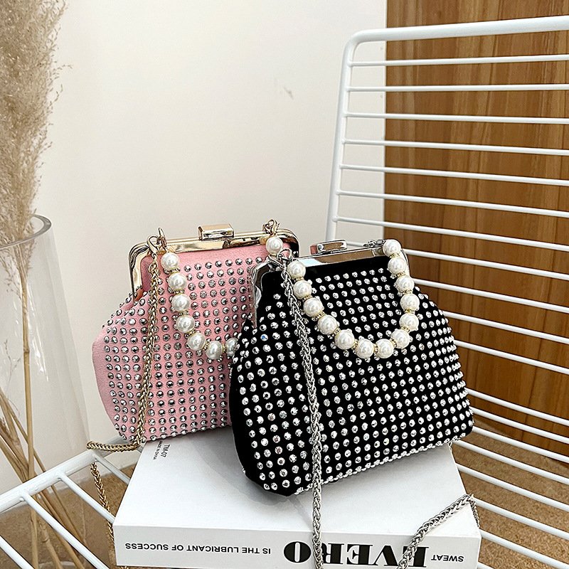 New European and American Retro Pu Rhinestone Temperament Dinner Bag Clipped Button Pearl Tote Shoulder Bag Fashion Women's Bag