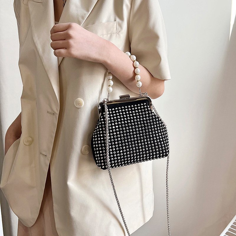 New European and American Retro Pu Rhinestone Temperament Dinner Bag Clipped Button Pearl Tote Shoulder Bag Fashion Women's Bag