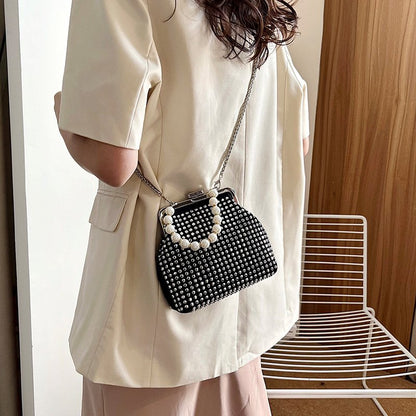 New European and American Retro Pu Rhinestone Temperament Dinner Bag Clipped Button Pearl Tote Shoulder Bag Fashion Women's Bag