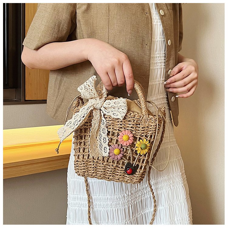 Summer Woven Bag Fashion Simple Lace Crossbody Shoulder Bag All-Match Flowers Cute Mini Handbag