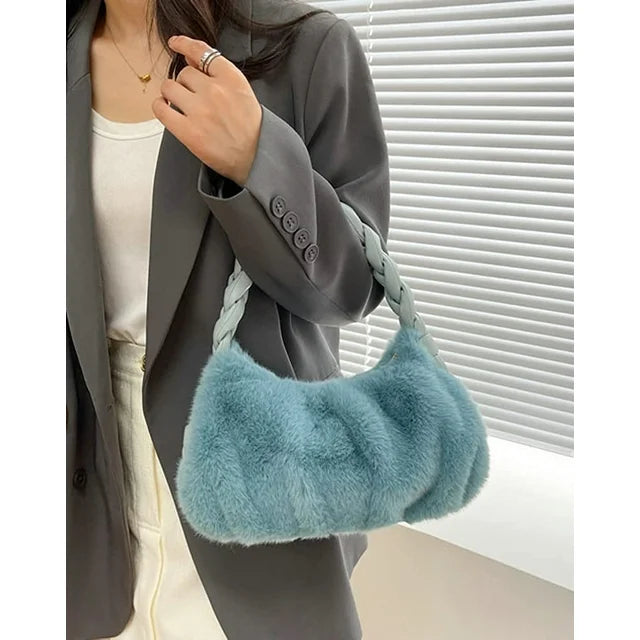 Tote Bag Women Cozy Fuffy Faux Fur Plush Trendy Shoulder Bag Quilted Casual Soft Handbag Purse