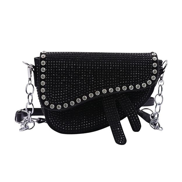 Women Sparkly Rhinestone Saddle Bag Fashion Underarm Shoulder Handbag Evening Clutch Purse with Chain