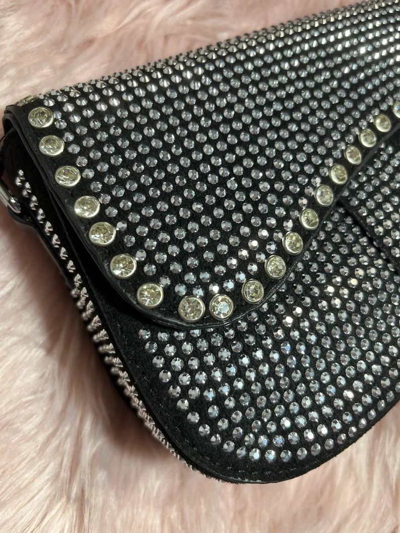 Women Sparkly Rhinestone Saddle Bag Fashion Underarm Shoulder Handbag Evening Clutch Purse with Chain