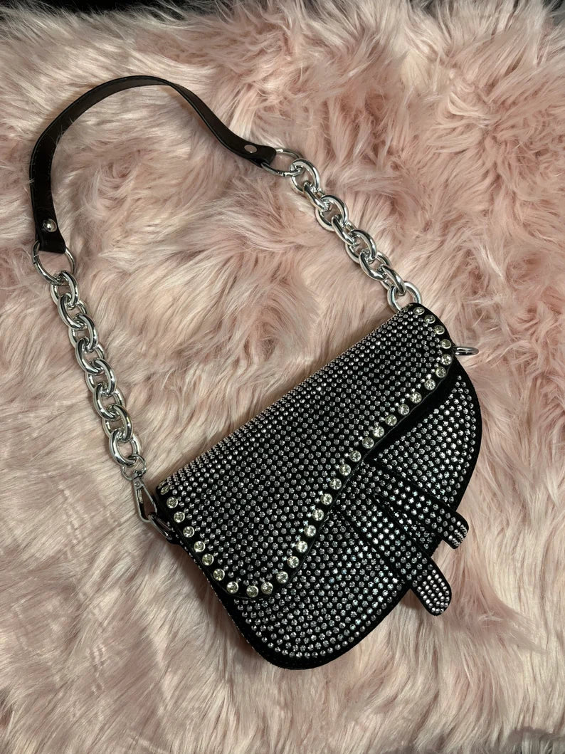 Women Sparkly Rhinestone Saddle Bag Fashion Underarm Shoulder Handbag Evening Clutch Purse with Chain