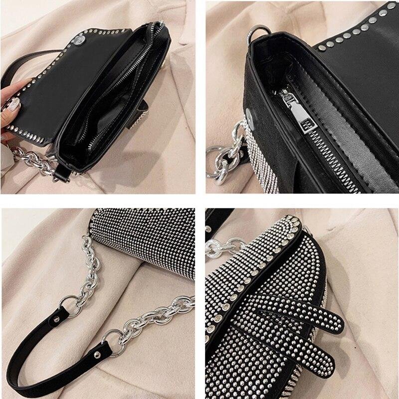 Women Sparkly Rhinestone Saddle Bag Fashion Underarm Shoulder Handbag Evening Clutch Purse with Chain