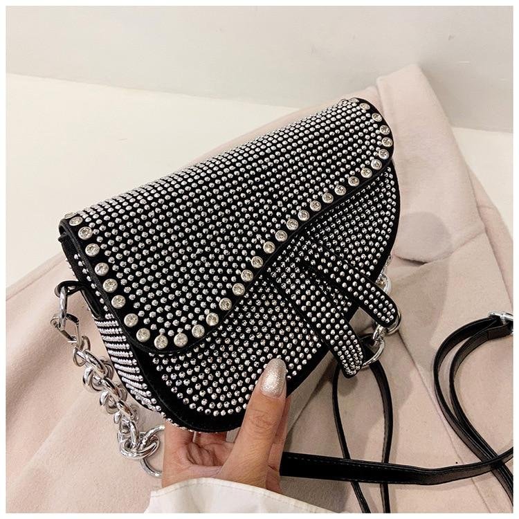 Women Sparkly Rhinestone Saddle Bag Fashion Underarm Shoulder Handbag Evening Clutch Purse with Chain