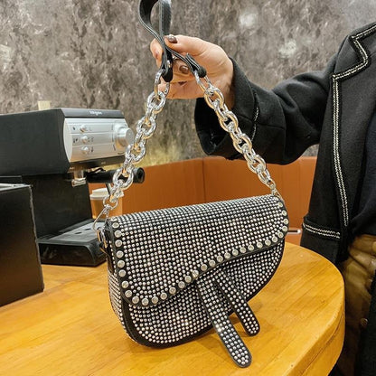 Women Sparkly Rhinestone Saddle Bag Fashion Underarm Shoulder Handbag Evening Clutch Purse with Chain