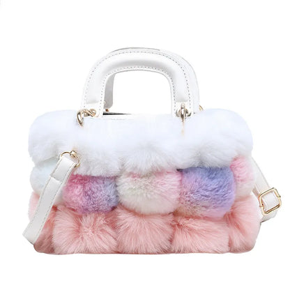 Women's Faux Fur Crossbody Bags, Designer Fashion Plush Handbags, Colorful Patchwork Small Tote Bags for Winter