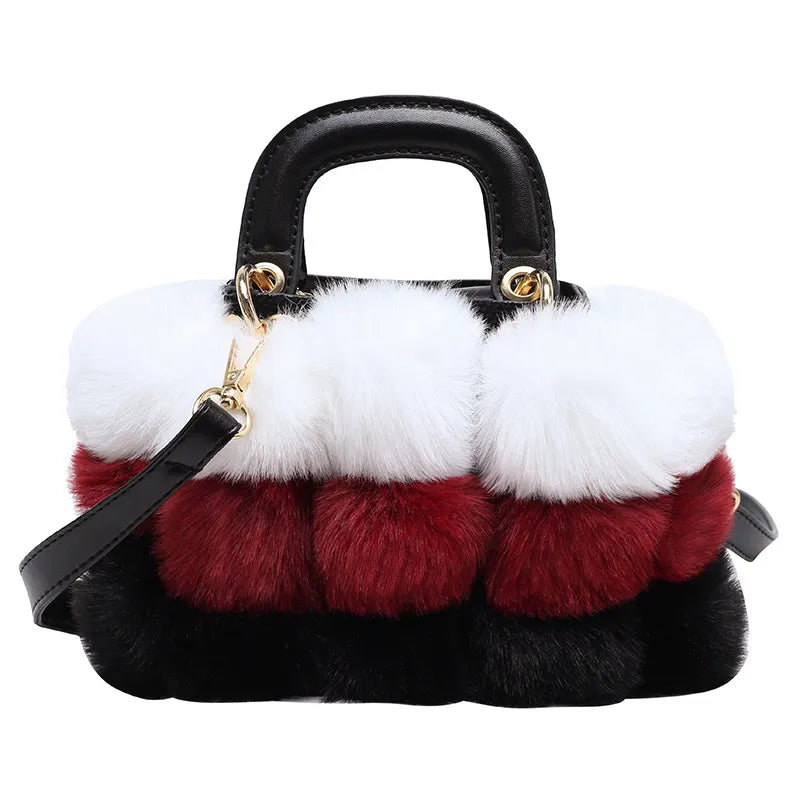 Women's Faux Fur Crossbody Bags, Designer Fashion Plush Handbags, Colorful Patchwork Small Tote Bags for Winter