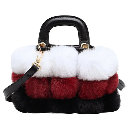 Women's Faux Fur Crossbody Bags, Designer Fashion Plush Handbags, Colorful Patchwork Small Tote Bags for Winter