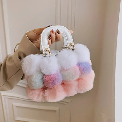 Women's Faux Fur Crossbody Bags, Designer Fashion Plush Handbags, Colorful Patchwork Small Tote Bags for Winter