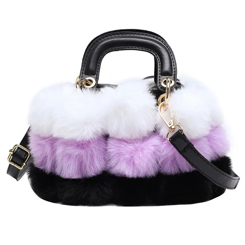 Women's Faux Fur Crossbody Bags, Designer Fashion Plush Handbags, Colorful Patchwork Small Tote Bags for Winter