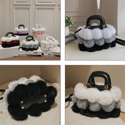 Women's Faux Fur Crossbody Bags, Designer Fashion Plush Handbags, Colorful Patchwork Small Tote Bags for Winter