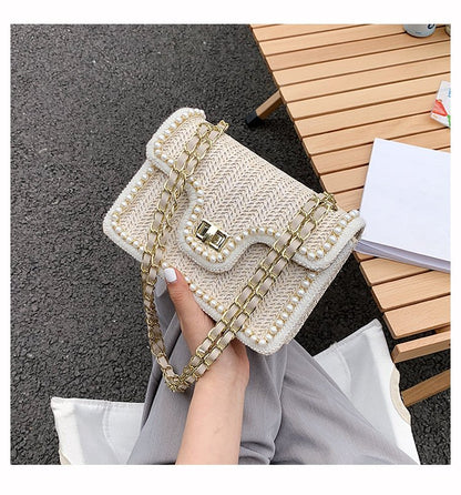 Evening Bags Special Straw Bag Fashion Chain Single Shoulder Cross-body Female Pearl Decoration Delicate Leisure