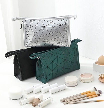 Fashion Women PU Geometric Graid Shaped Large Capacity Clutch Cosmetic Bag Mix Color