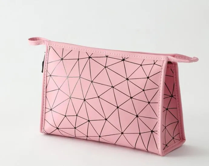 Fashion Women PU Geometric Graid Shaped Large Capacity Clutch Cosmetic Bag Mix Color