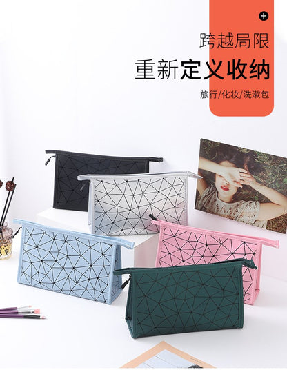 Fashion Women PU Geometric Graid Shaped Large Capacity Clutch Cosmetic Bag Mix Color