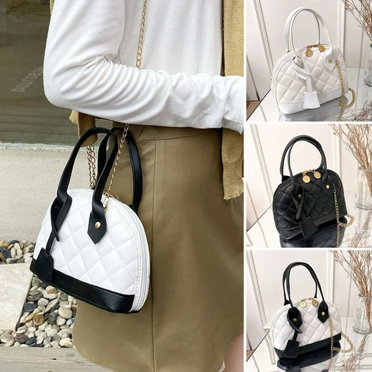 Women Handbag Quilted Golden Link Chain Top Handle Faux Leather Contrast Color Single Shoulder Bag Purse Shopping Use